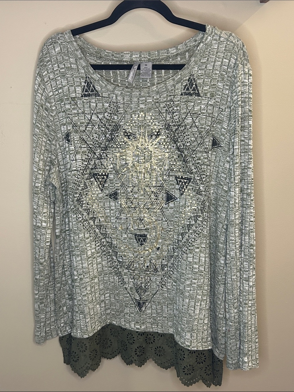 new directions Olive Long-Sleeve Knit Top with Metallic Geo Detail